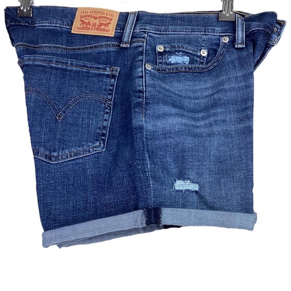 Levis Denim Shorts Womens 29 Blue Mid Length Rolled Cuff Stretch Distressed - Picture 3 of 9